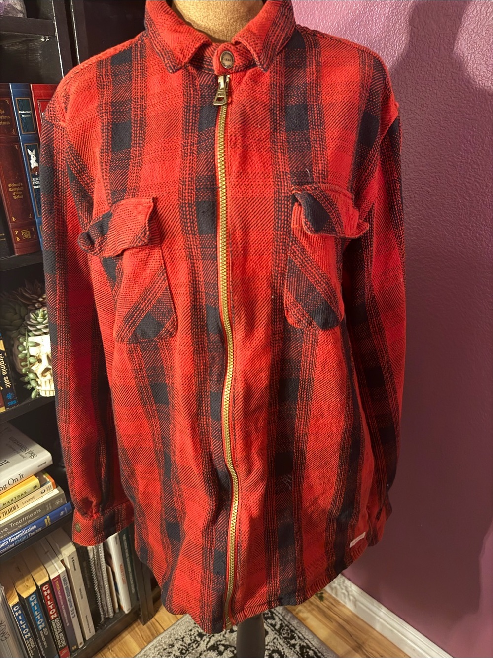 Men's Red Plaid Zip-Front Jacket- weatherproof Vintage sz M
